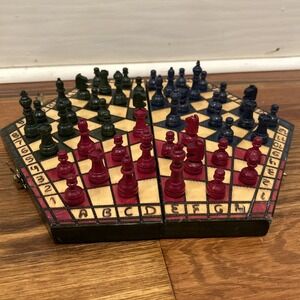 Polish 3 Way Player Chess Set Folding Hexagon Carved Wood Handcrafted Vintage